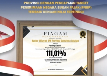 BPN Sumsel Raih Peringkat III sebagai Provinsi Pencapaian Target PNBP Terbaik